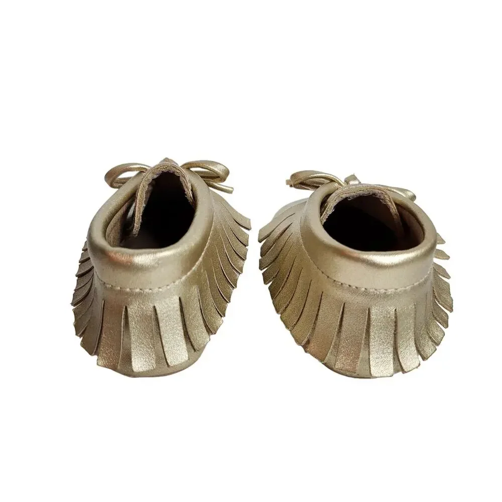 Old Navy Gold Baby Moccasins Shoes Sz 3-6mos / Fringe & Bow